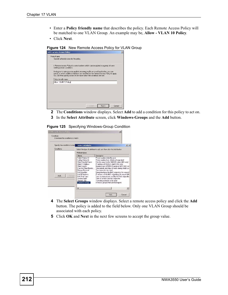 Figure 124 new remote access policy for vlan group, Figure 125 specifying windows-group condition | ZyXEL Communications NWA3550 User Manual | Page 212 / 344