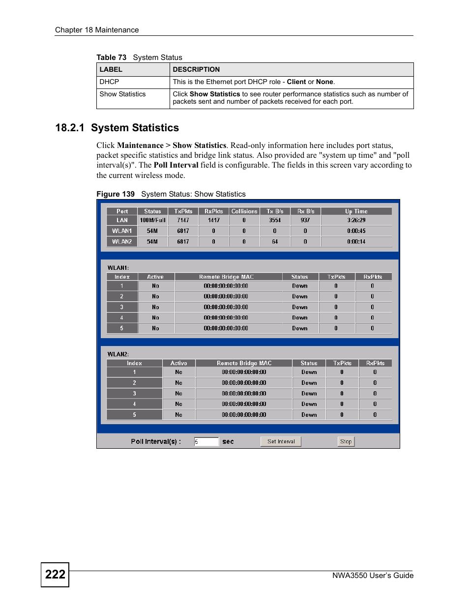 1 system statistics, Figure 139 system status: show statistics, Section | ZyXEL Communications NWA3550 User Manual | Page 222 / 344