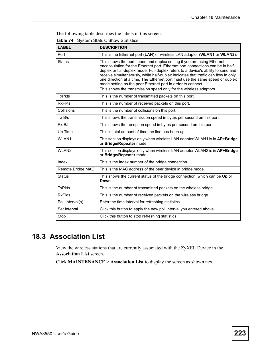 3 association list, Table 74 system status: show statistics | ZyXEL Communications NWA3550 User Manual | Page 223 / 344