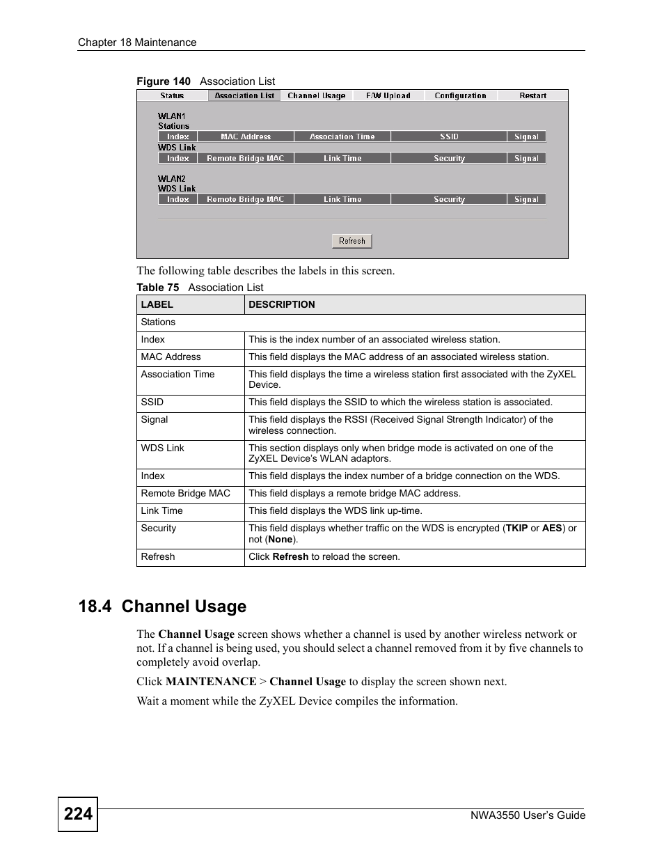 4 channel usage, Figure 140 association list, Table 75 association list | Area. see | ZyXEL Communications NWA3550 User Manual | Page 224 / 344
