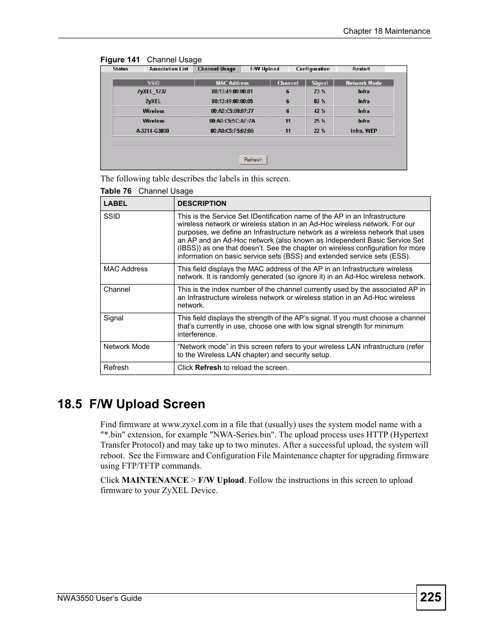 5 f/w upload screen, Figure 141 channel usage, Table 76 channel usage | ZyXEL Communications NWA3550 User Manual | Page 225 / 344