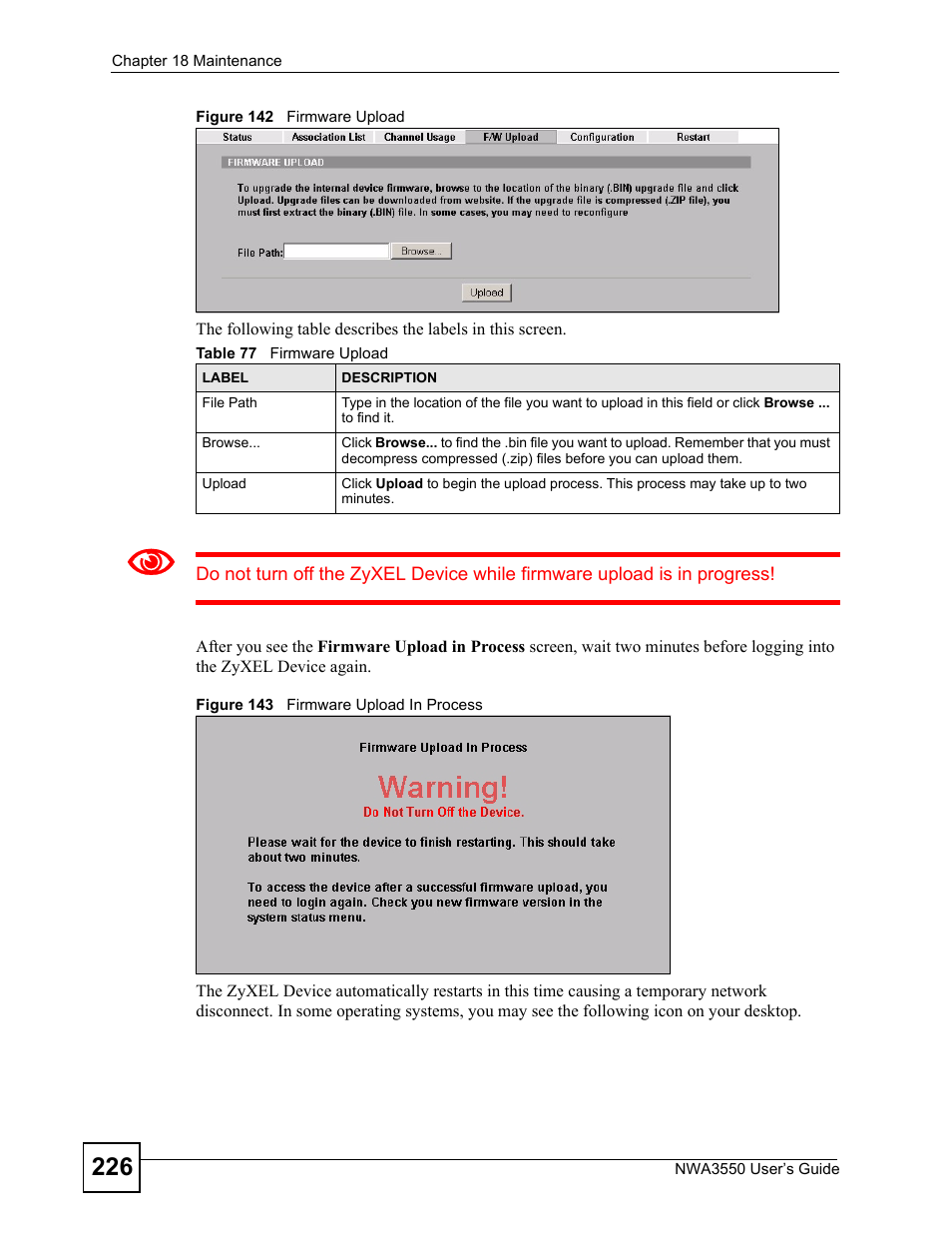 Table 77 firmware upload | ZyXEL Communications NWA3550 User Manual | Page 226 / 344
