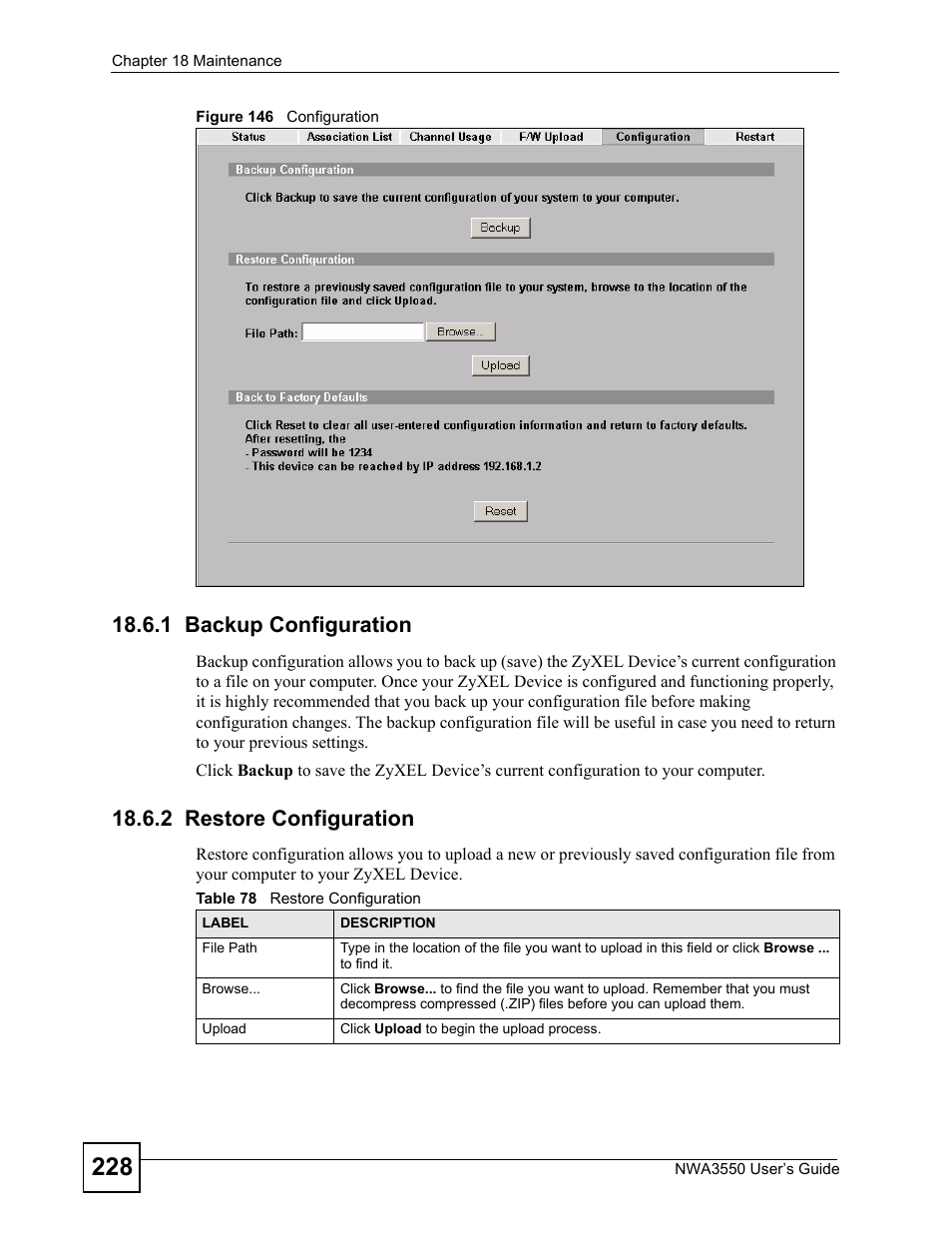 1 backup configuration, 2 restore configuration, Figure 146 configuration | Table 78 restore configuration | ZyXEL Communications NWA3550 User Manual | Page 228 / 344