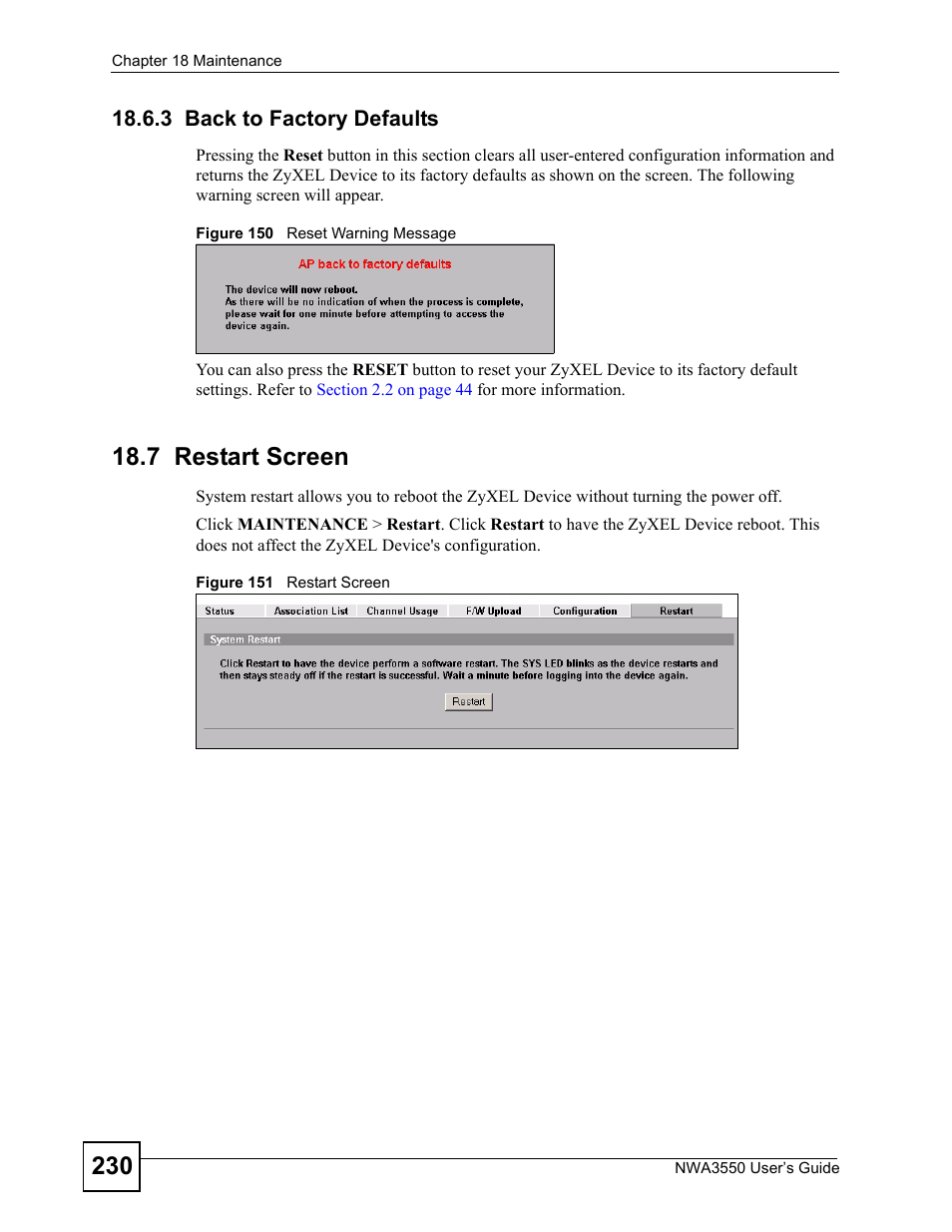 3 back to factory defaults, 7 restart screen | ZyXEL Communications NWA3550 User Manual | Page 230 / 344