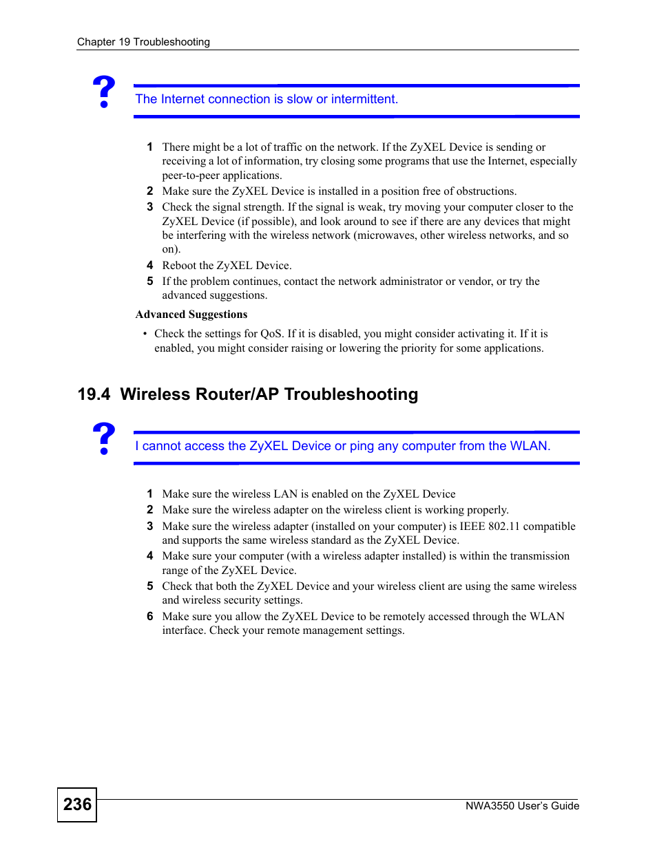 4 wireless router/ap troubleshooting, Wireless router/ap troubleshooting | ZyXEL Communications NWA3550 User Manual | Page 236 / 344