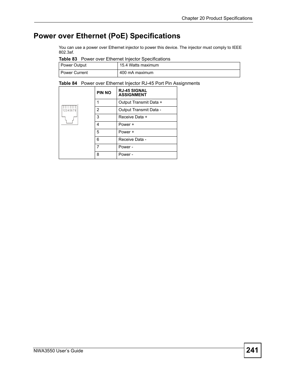 241 power over ethernet (poe) specifications | ZyXEL Communications NWA3550 User Manual | Page 241 / 344