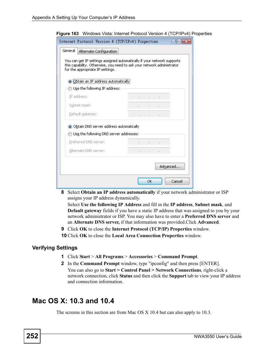 Mac os x: 10.3 and 10.4 | ZyXEL Communications NWA3550 User Manual | Page 252 / 344