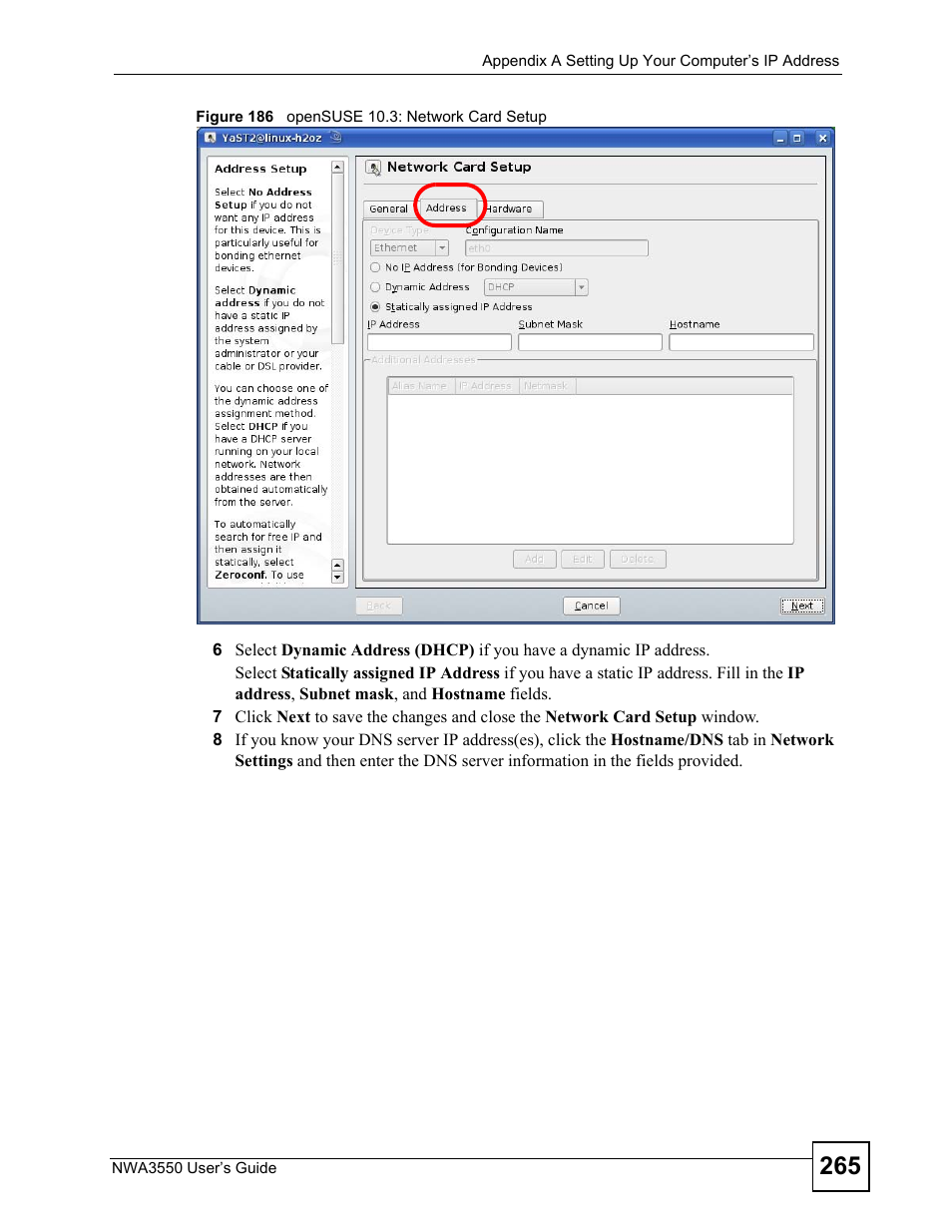 Figure 186 opensuse 10.3: network card setup | ZyXEL Communications NWA3550 User Manual | Page 265 / 344