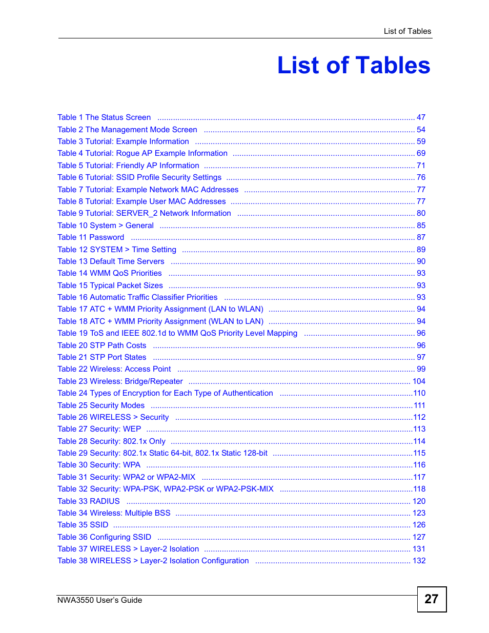 List of tables | ZyXEL Communications NWA3550 User Manual | Page 27 / 344