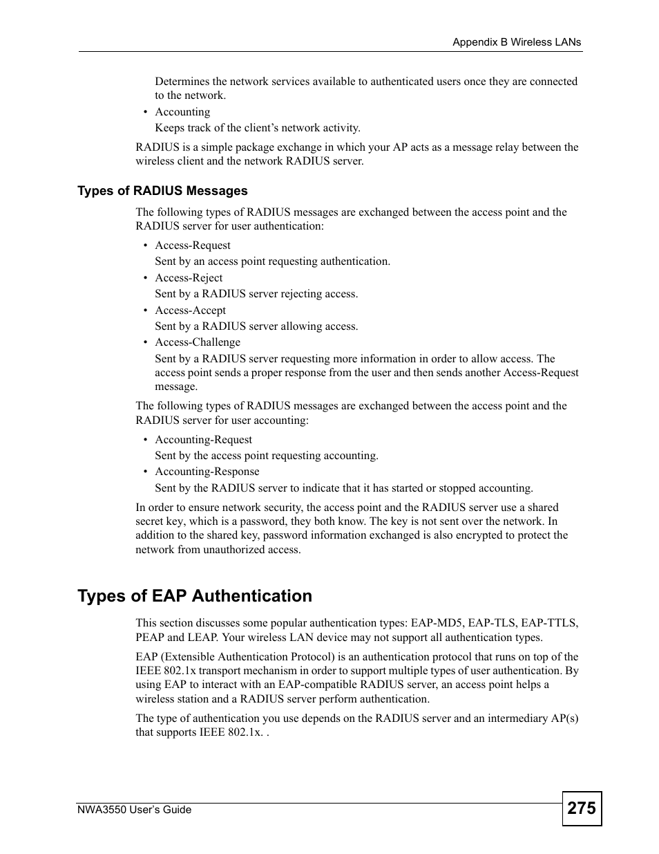 Types of eap authentication | ZyXEL Communications NWA3550 User Manual | Page 275 / 344