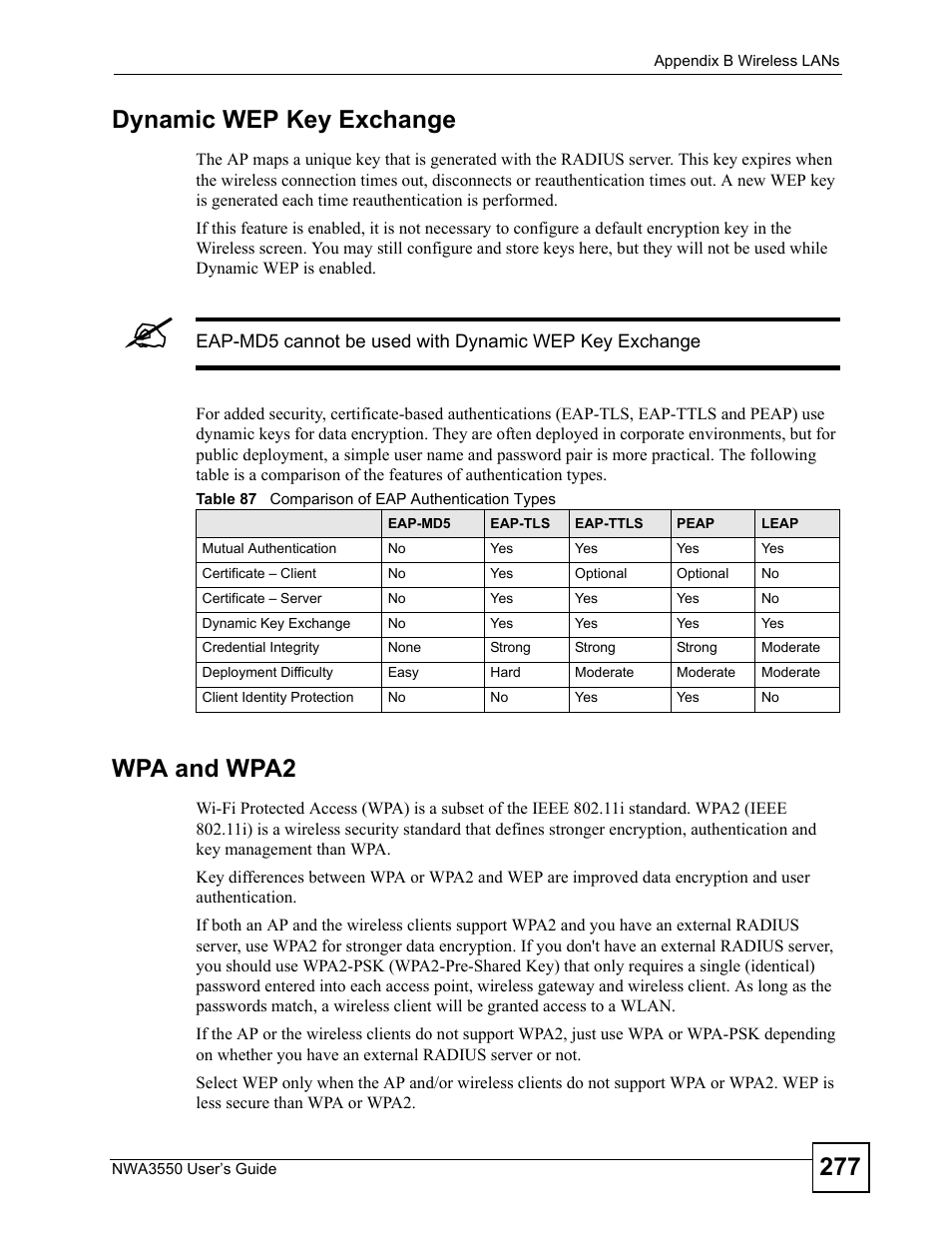 Table 87 comparison of eap authentication types, 277 dynamic wep key exchange, Wpa and wpa2 | ZyXEL Communications NWA3550 User Manual | Page 277 / 344