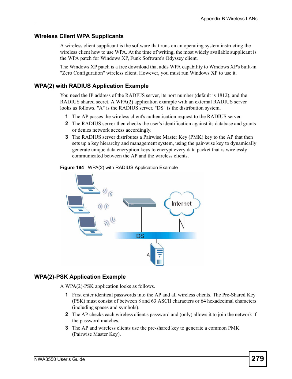 Figure 194 wpa(2) with radius application example | ZyXEL Communications NWA3550 User Manual | Page 279 / 344