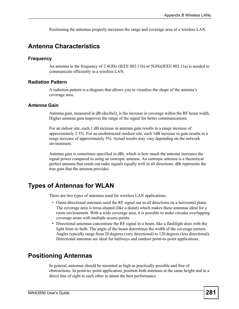 Antenna characteristics, Types of antennas for wlan, Positioning antennas | ZyXEL Communications NWA3550 User Manual | Page 281 / 344