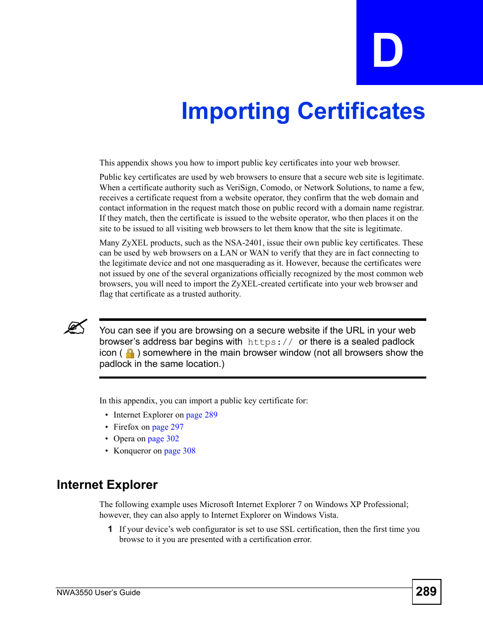 Importing certificates, Appendix d importing certificates, Refer to | Importing certificates (289) | ZyXEL Communications NWA3550 User Manual | Page 289 / 344