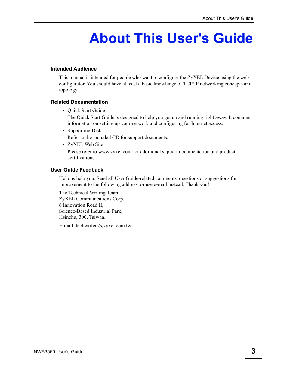 About this user's guide | ZyXEL Communications NWA3550 User Manual | Page 3 / 344
