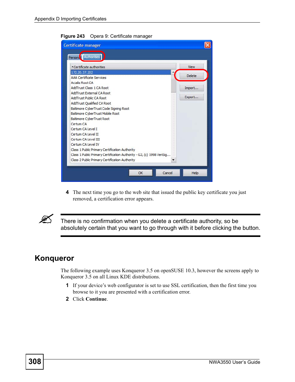 Figure 243 opera 9: certificate manager | ZyXEL Communications NWA3550 User Manual | Page 308 / 344