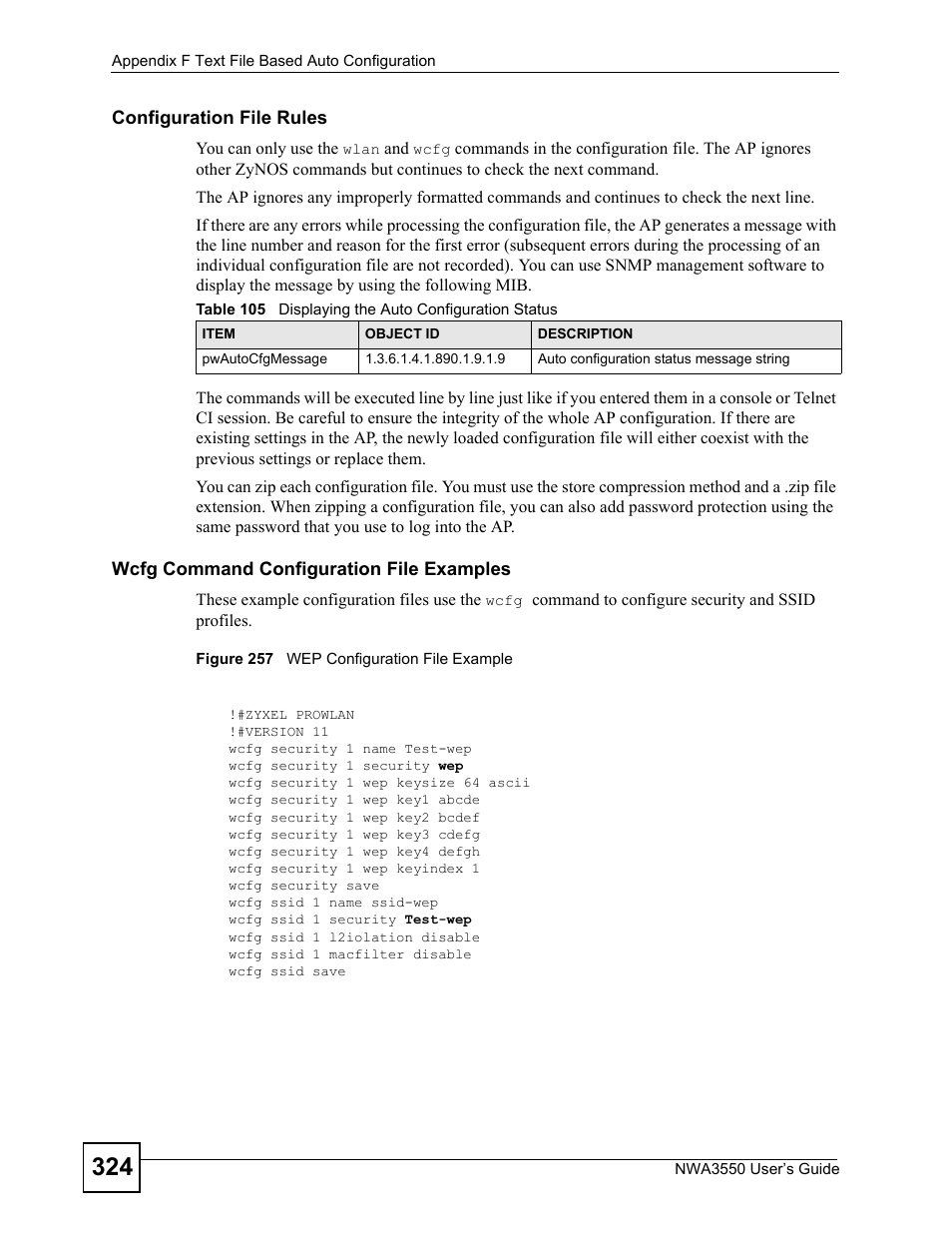 Figure 257 wep configuration file example, Table 105 displaying the auto configuration status | ZyXEL Communications NWA3550 User Manual | Page 324 / 344