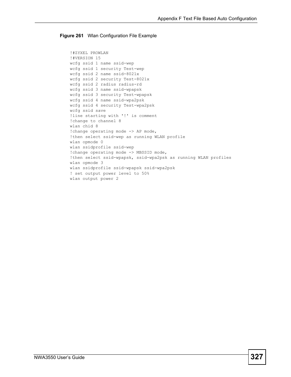 Figure 261 wlan configuration file example | ZyXEL Communications NWA3550 User Manual | Page 327 / 344