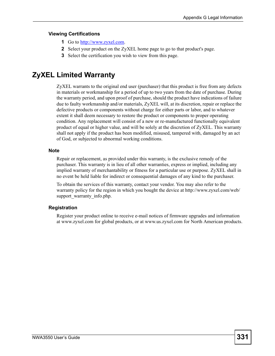 Zyxel limited warranty | ZyXEL Communications NWA3550 User Manual | Page 331 / 344