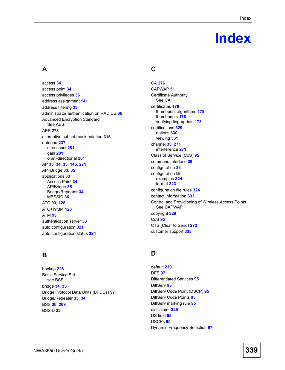 Index, Index (339) | ZyXEL Communications NWA3550 User Manual | Page 339 / 344