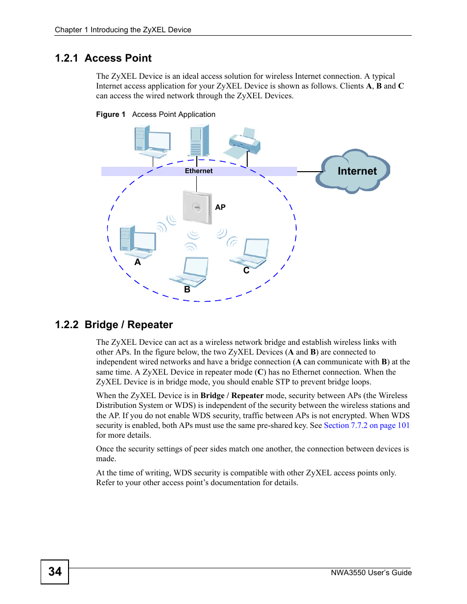 1 access point, 2 bridge / repeater, 1 access point 1.2.2 bridge / repeater | Figure 1 access point application | ZyXEL Communications NWA3550 User Manual | Page 34 / 344