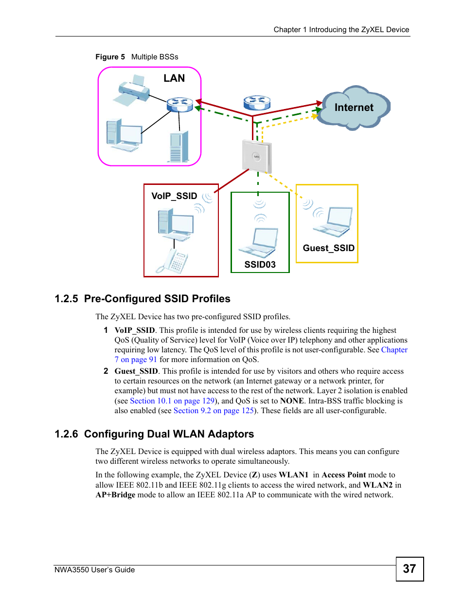 5 pre-configured ssid profiles, 6 configuring dual wlan adaptors, Figure 5 multiple bsss | ZyXEL Communications NWA3550 User Manual | Page 37 / 344