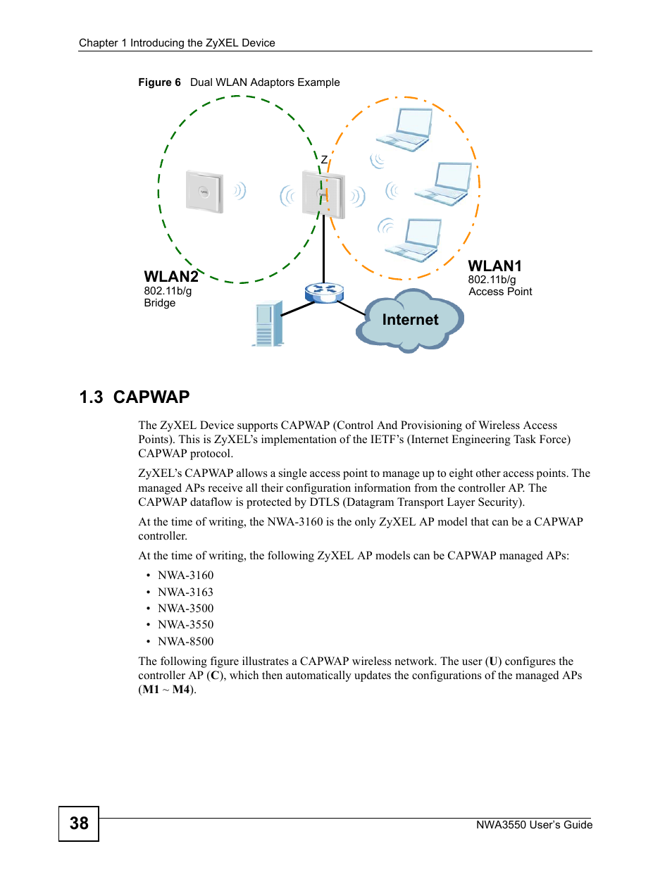 3 capwap, Figure 6 dual wlan adaptors example | ZyXEL Communications NWA3550 User Manual | Page 38 / 344