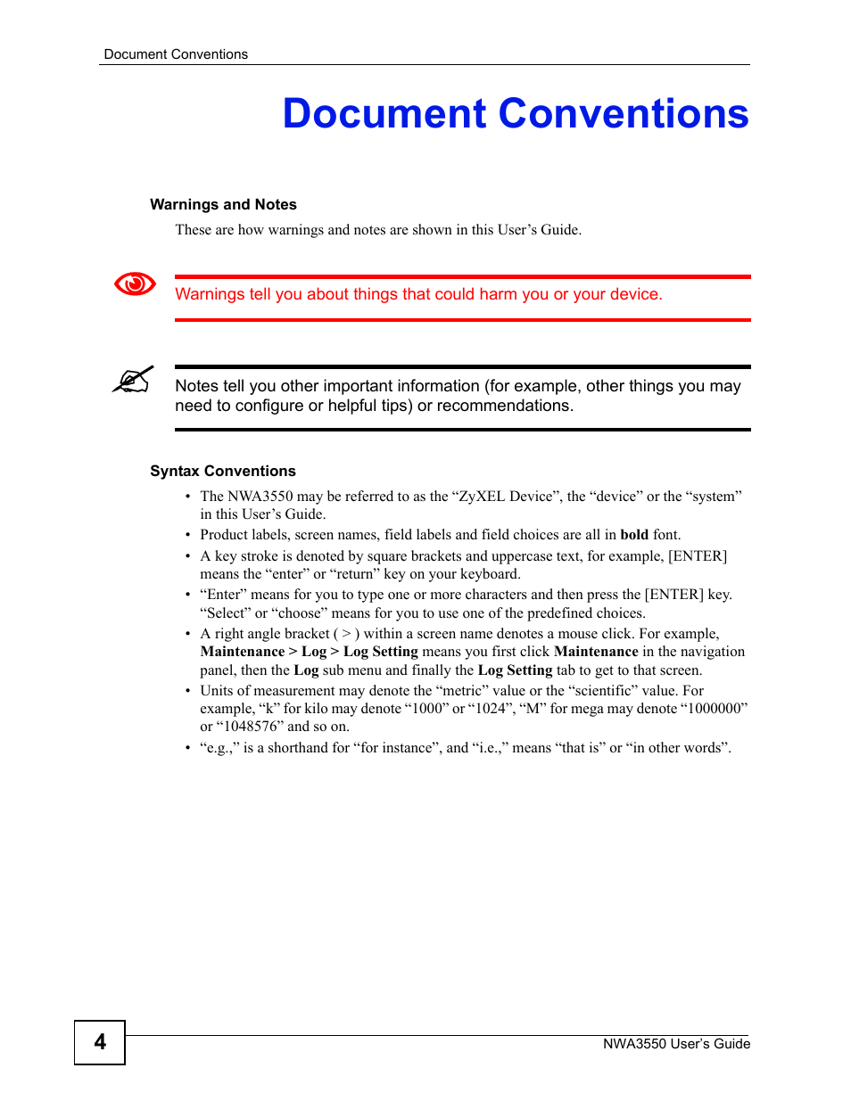 Document conventions | ZyXEL Communications NWA3550 User Manual | Page 4 / 344