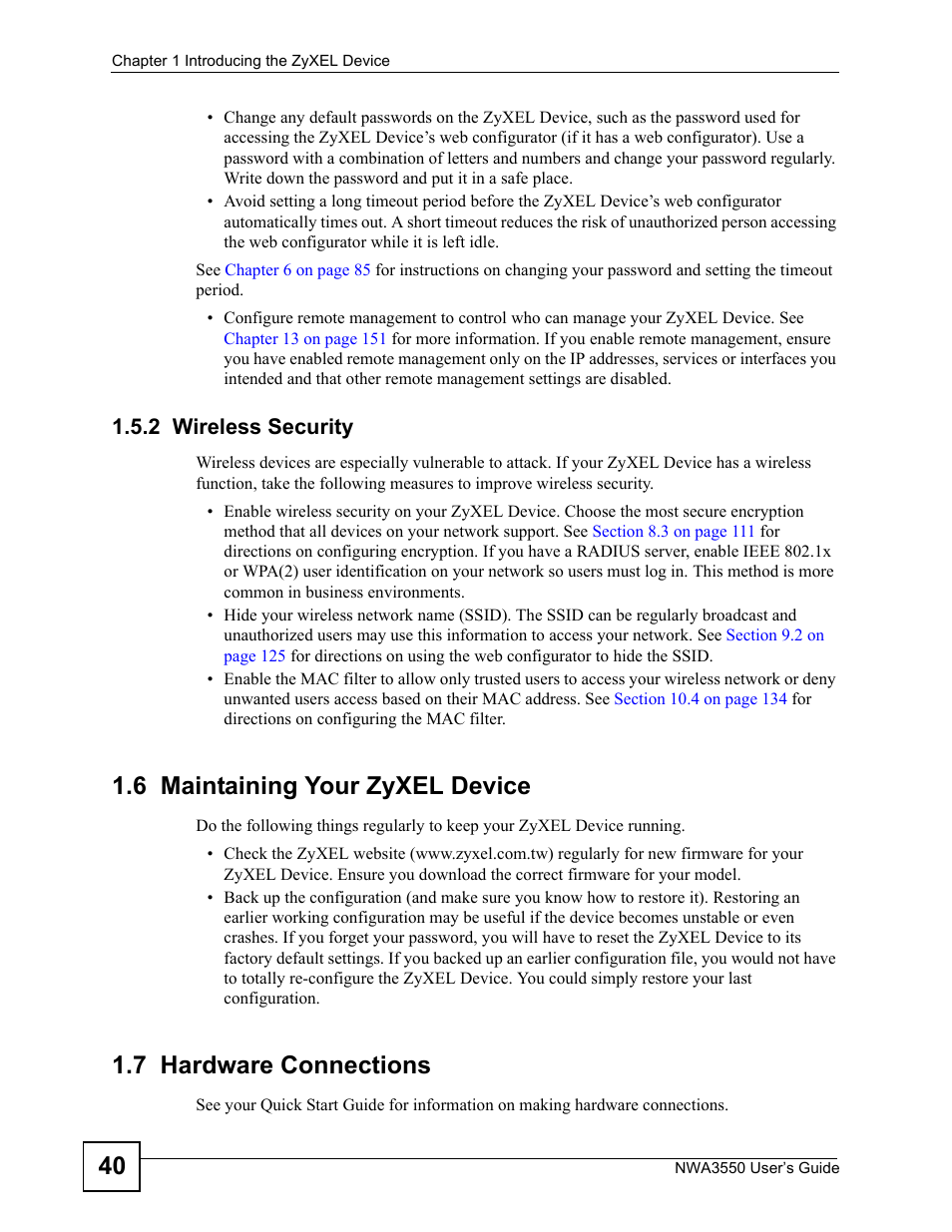 2 wireless security, 6 maintaining your zyxel device, 7 hardware connections | ZyXEL Communications NWA3550 User Manual | Page 40 / 344