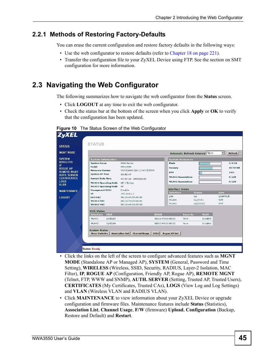 1 methods of restoring factory-defaults, 3 navigating the web configurator | ZyXEL Communications NWA3550 User Manual | Page 45 / 344