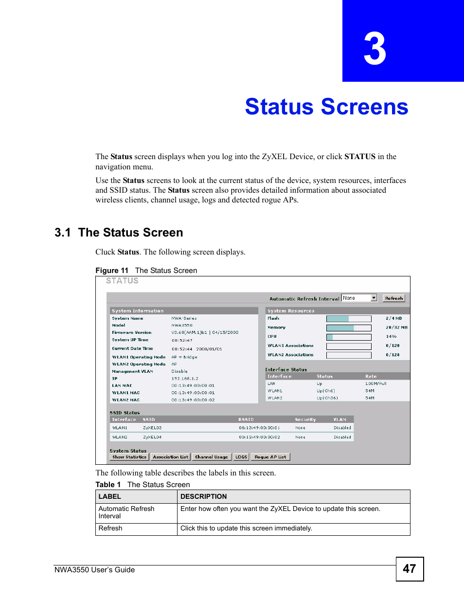 Status screens, 1 the status screen, Chapter 3 status screens | Figure 11 the status screen, Table 1 the status screen, Status screens (47) | ZyXEL Communications NWA3550 User Manual | Page 47 / 344