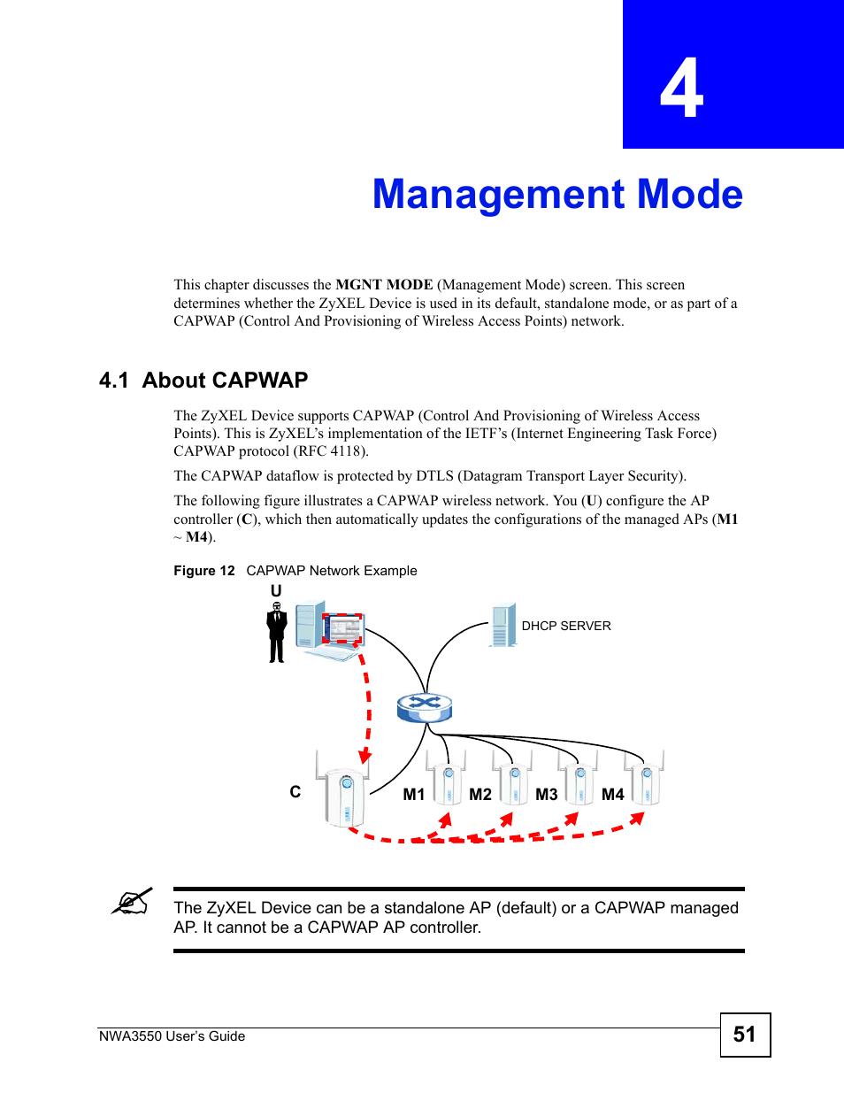 Management mode, 1 about capwap, Chapter 4 management mode | Figure 12 capwap network example | ZyXEL Communications NWA3550 User Manual | Page 51 / 344