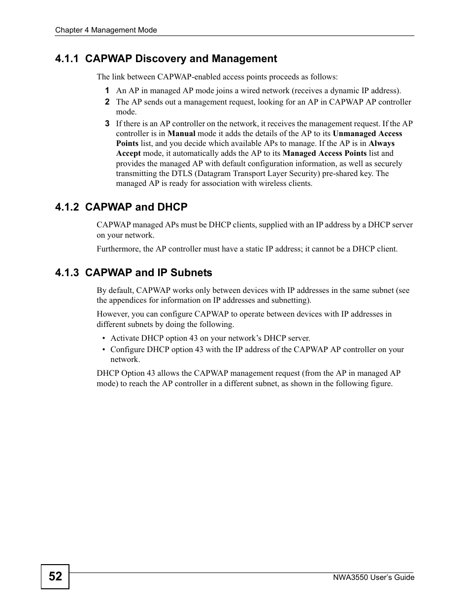 1 capwap discovery and management, 2 capwap and dhcp, 3 capwap and ip subnets | ZyXEL Communications NWA3550 User Manual | Page 52 / 344