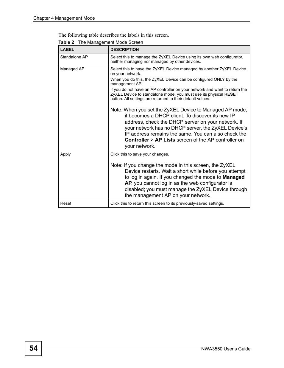 Table 2 the management mode screen | ZyXEL Communications NWA3550 User Manual | Page 54 / 344