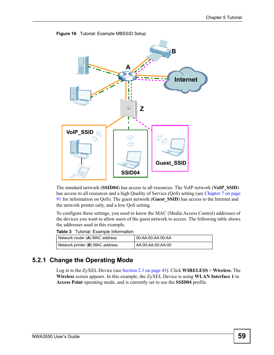 1 change the operating mode, Figure 16 tutorial: example mbssid setup, Table 3 tutorial: example information | Internet, Ab z | ZyXEL Communications NWA3550 User Manual | Page 59 / 344