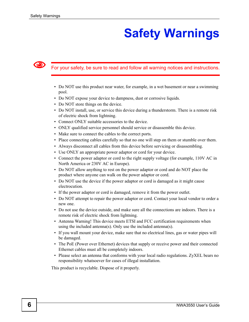 Safety warnings | ZyXEL Communications NWA3550 User Manual | Page 6 / 344