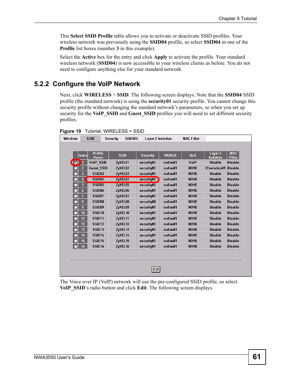 2 configure the voip network, Figure 19 tutorial: wireless > ssid | ZyXEL Communications NWA3550 User Manual | Page 61 / 344