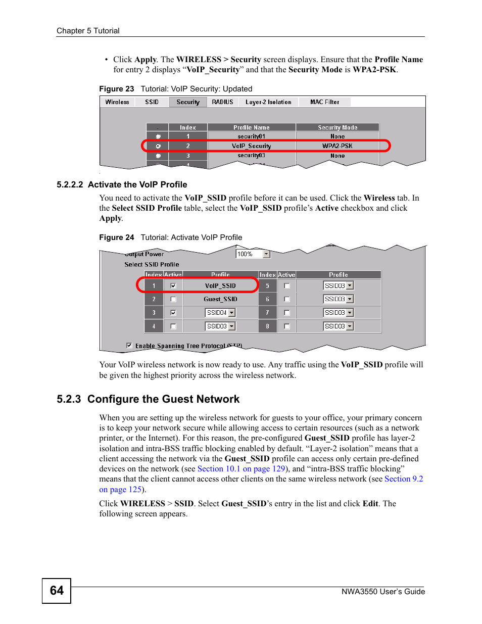 3 configure the guest network, 2 activate the voip profile | ZyXEL Communications NWA3550 User Manual | Page 64 / 344