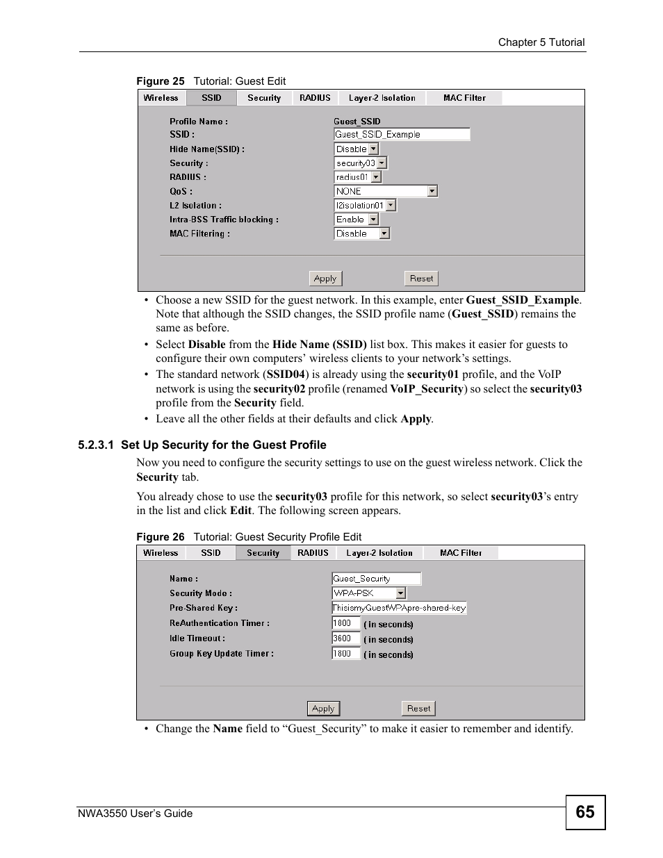1 set up security for the guest profile | ZyXEL Communications NWA3550 User Manual | Page 65 / 344