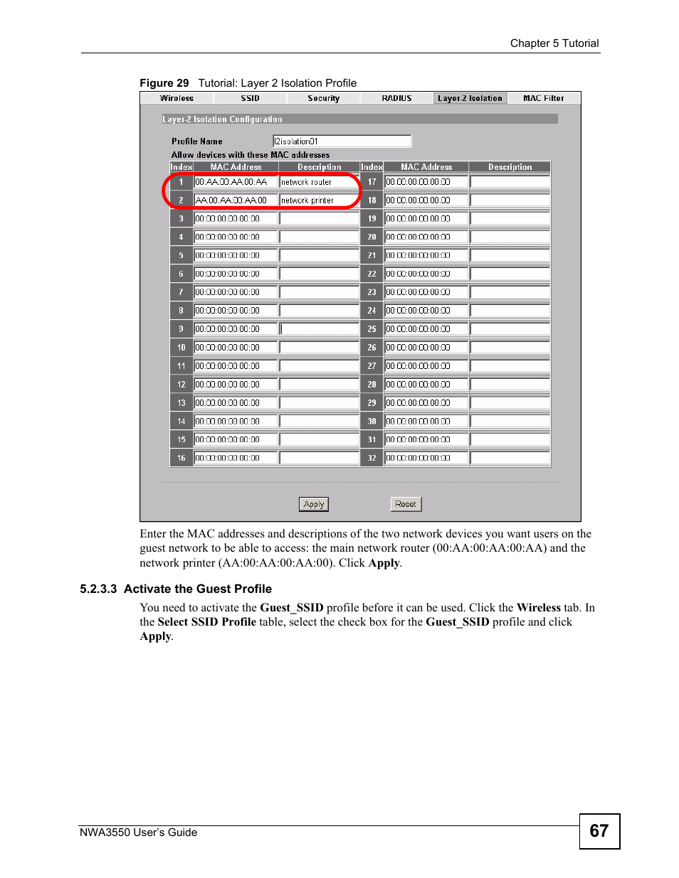3 activate the guest profile, Figure 29 tutorial: layer 2 isolation profile | ZyXEL Communications NWA3550 User Manual | Page 67 / 344