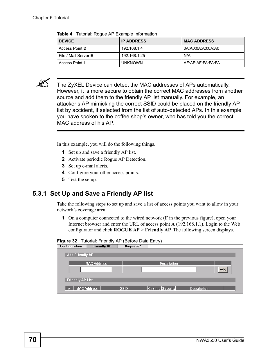 1 set up and save a friendly ap list | ZyXEL Communications NWA3550 User Manual | Page 70 / 344