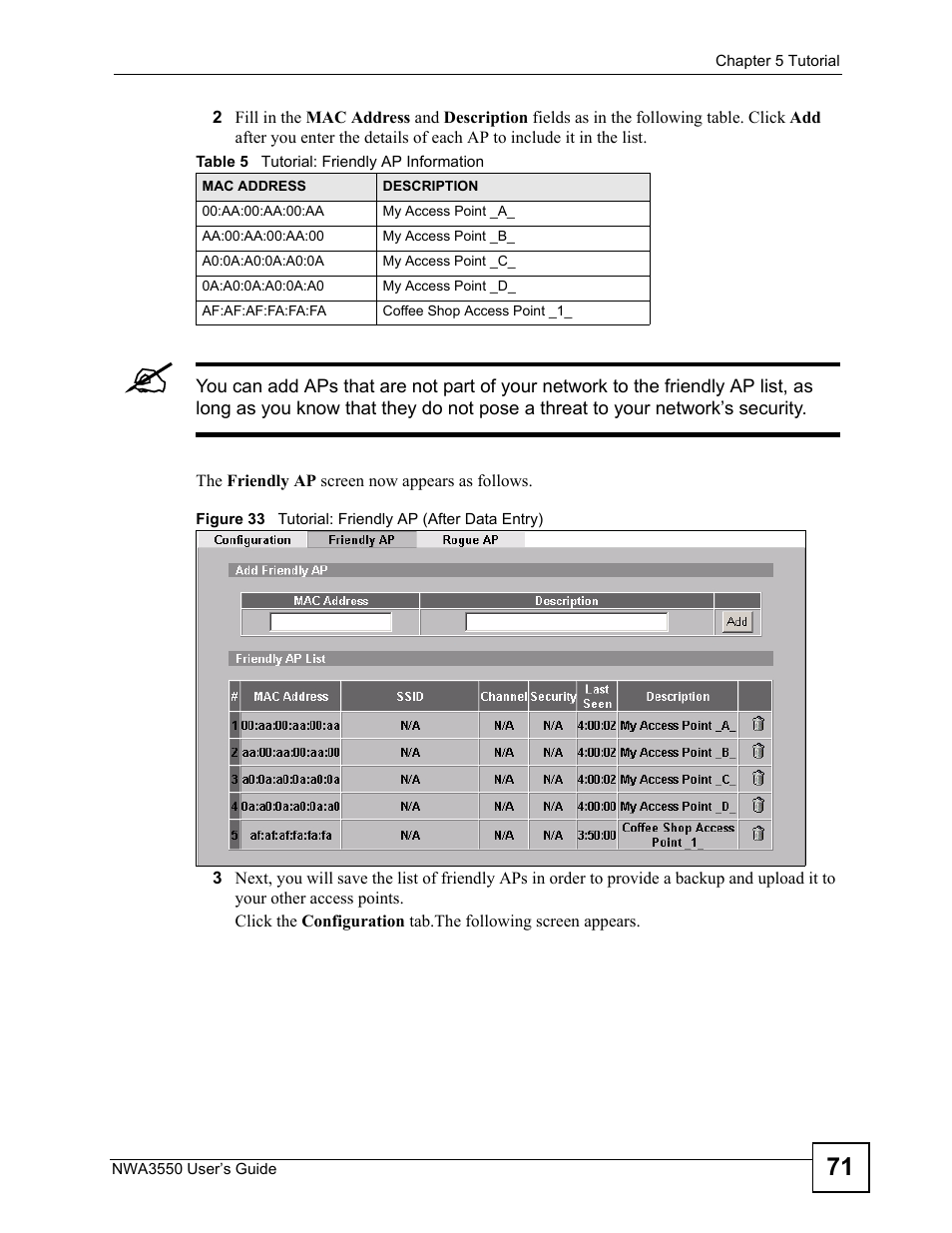 Figure 33 tutorial: friendly ap (after data entry), Table 5 tutorial: friendly ap information | ZyXEL Communications NWA3550 User Manual | Page 71 / 344