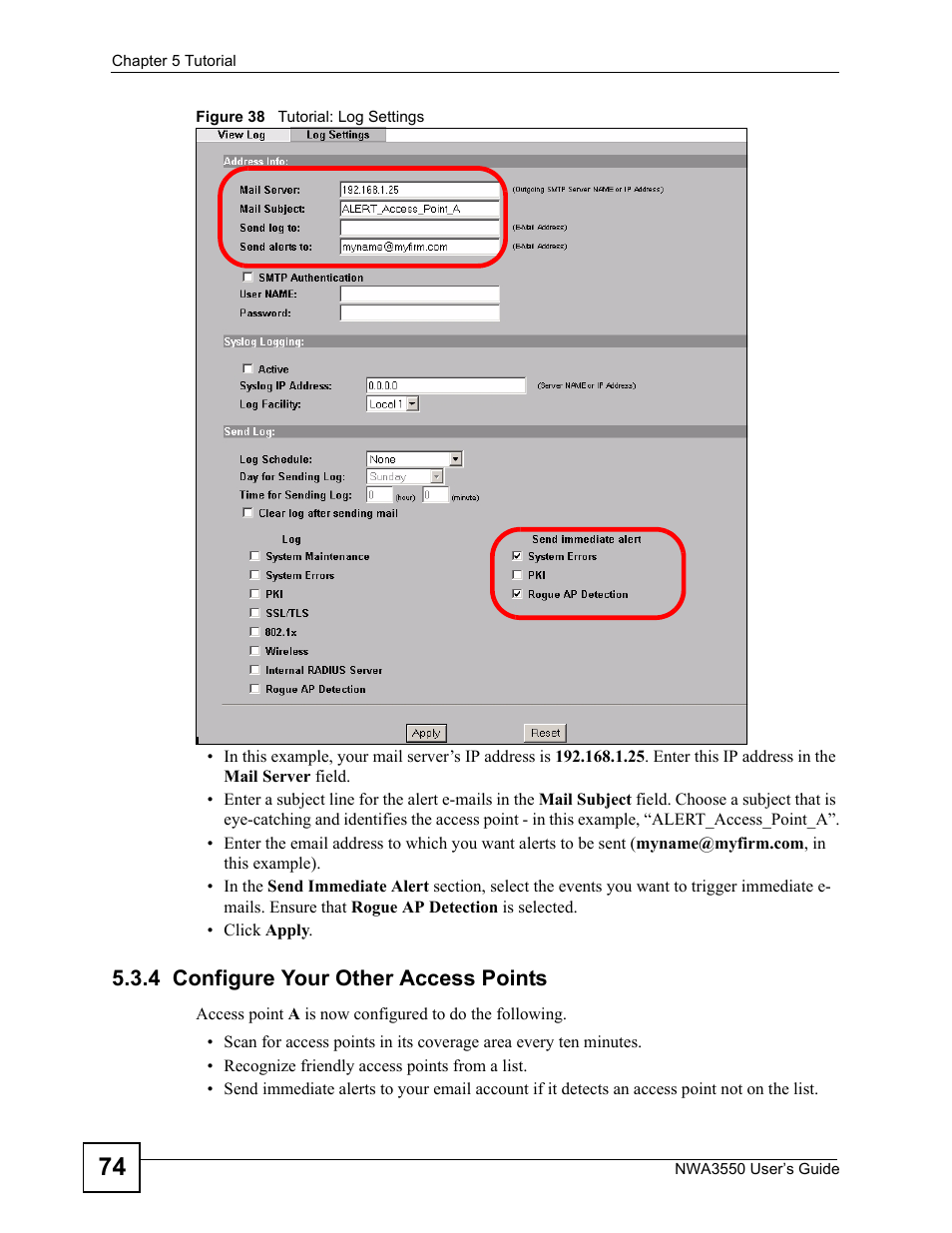 4 configure your other access points, Figure 38 tutorial: log settings | ZyXEL Communications NWA3550 User Manual | Page 74 / 344