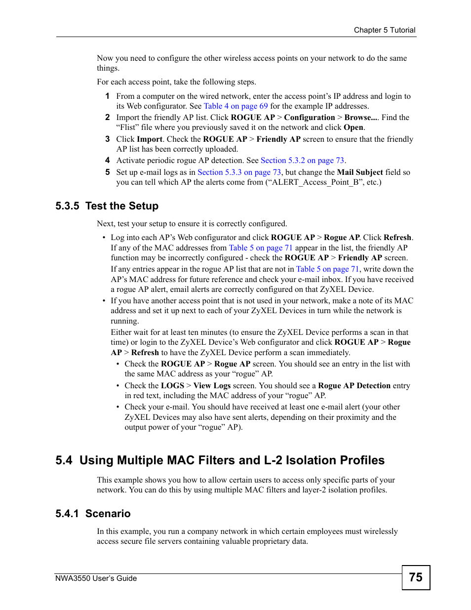 5 test the setup, 1 scenario | ZyXEL Communications NWA3550 User Manual | Page 75 / 344