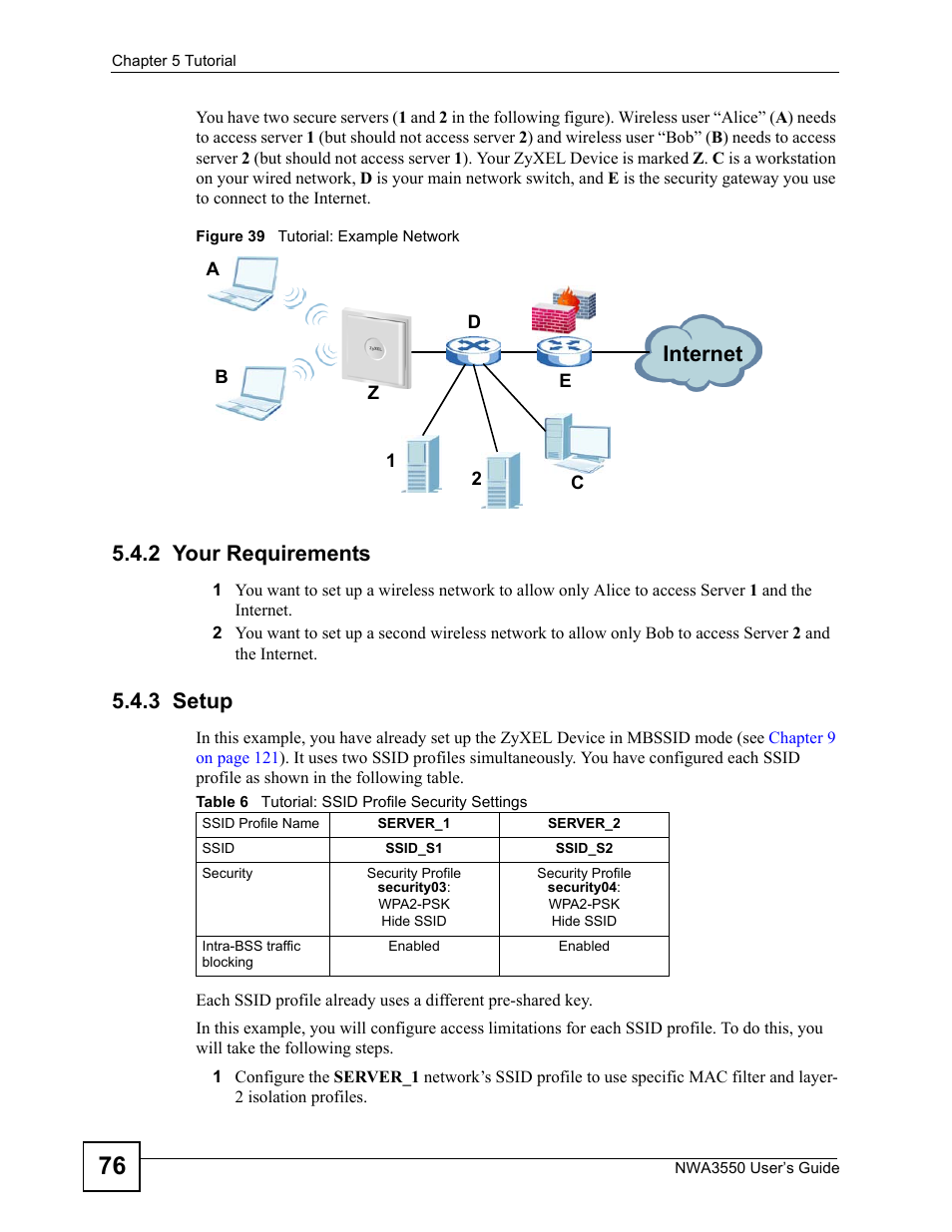 2 your requirements, 3 setup, 2 your requirements 5.4.3 setup | Figure 39 tutorial: example network, Table 6 tutorial: ssid profile security settings, Internet | ZyXEL Communications NWA3550 User Manual | Page 76 / 344