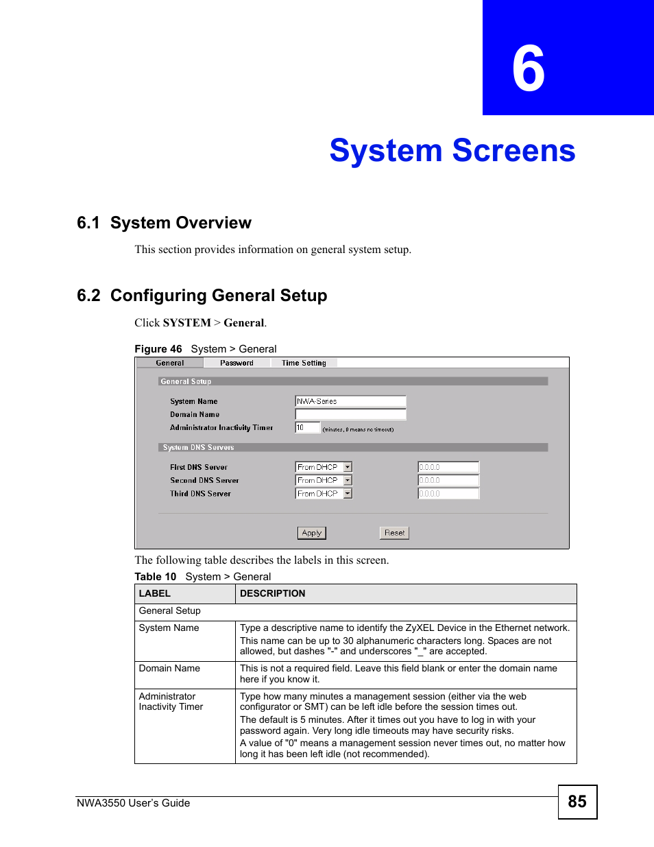 System screens, 1 system overview, 2 configuring general setup | Chapter 6 system screens, 1 system overview 6.2 configuring general setup, Figure 46 system > general, Table 10 system > general, System screens (85) | ZyXEL Communications NWA3550 User Manual | Page 85 / 344