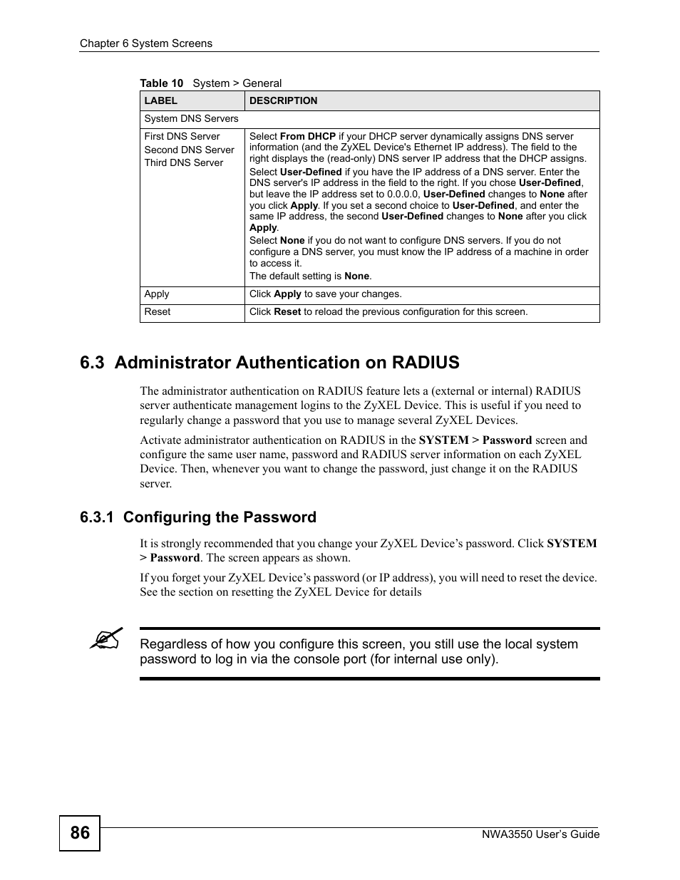 3 administrator authentication on radius, 1 configuring the password, 86 6.3 administrator authentication on radius | ZyXEL Communications NWA3550 User Manual | Page 86 / 344