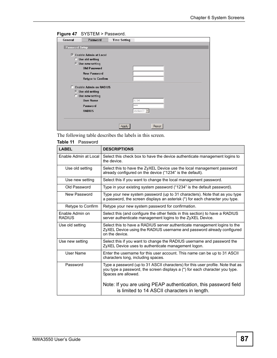 Figure 47 system > password, Table 11 password | ZyXEL Communications NWA3550 User Manual | Page 87 / 344