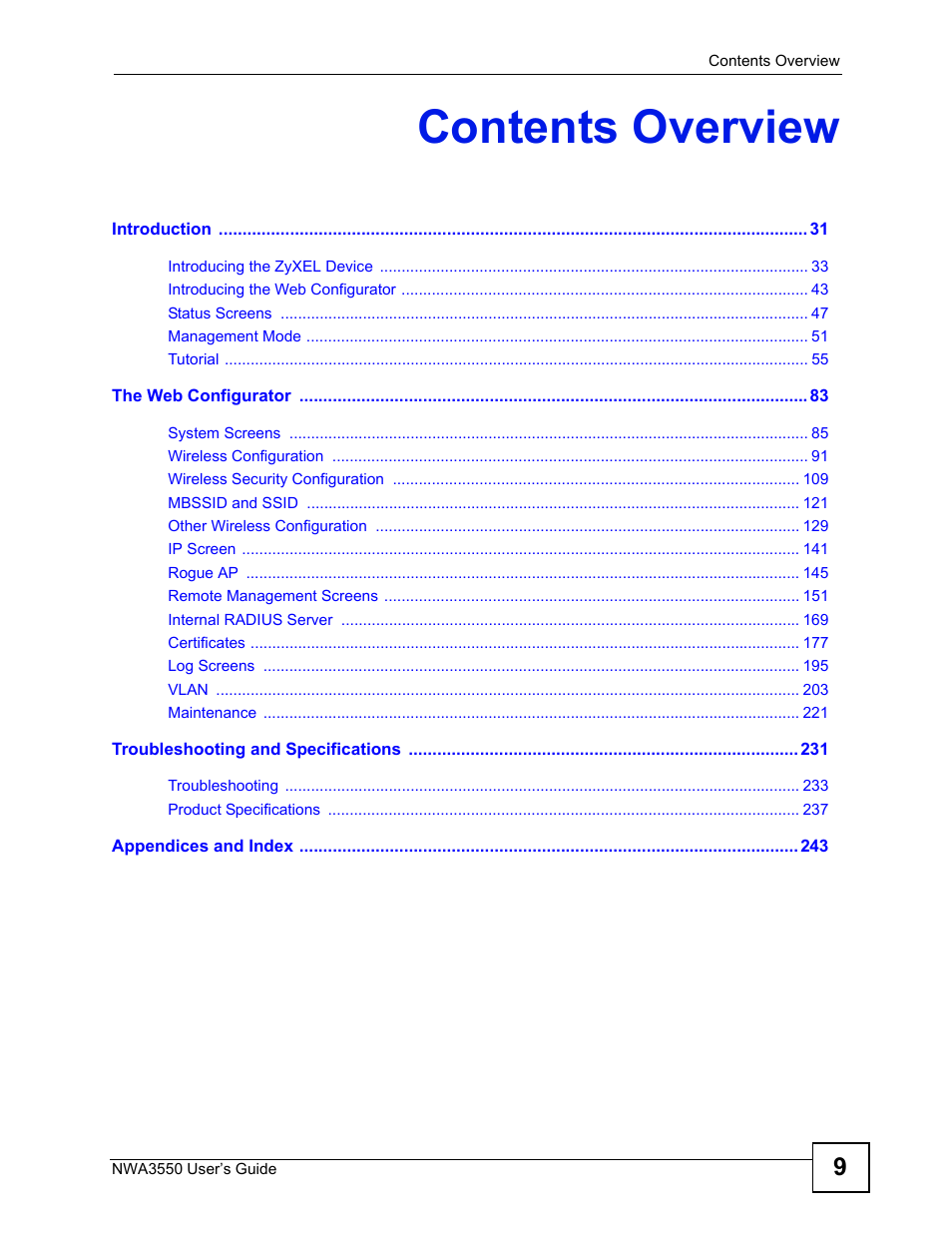 Contents overview | ZyXEL Communications NWA3550 User Manual | Page 9 / 344