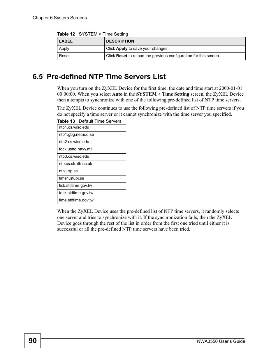 5 pre-defined ntp time servers list, Table 13 default time servers, 90 6.5 pre-defined ntp time servers list | ZyXEL Communications NWA3550 User Manual | Page 90 / 344